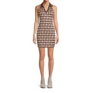 Madden NYC Womens Sweater Dress Small Brown Tan Argyle Preppy Polo Collar‎